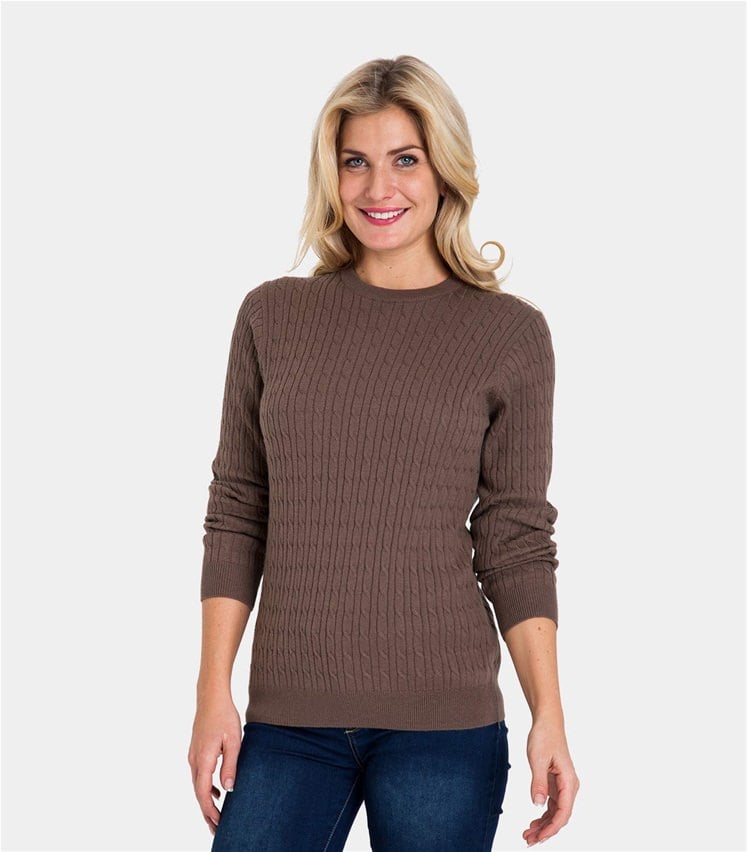 Mocha Brown | Womens Cashmere & Cotton Cable Crew Neck Sweater ...