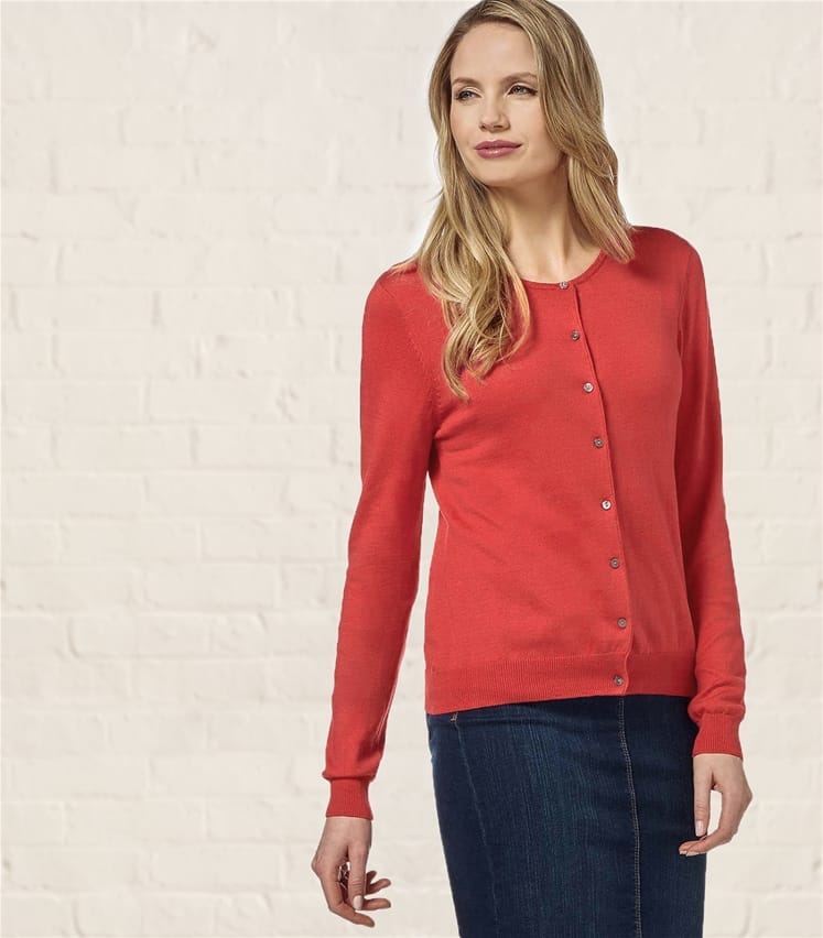 Warm Coral | Womens Silk Cotton Crew Neck Cardigan | WoolOvers AU