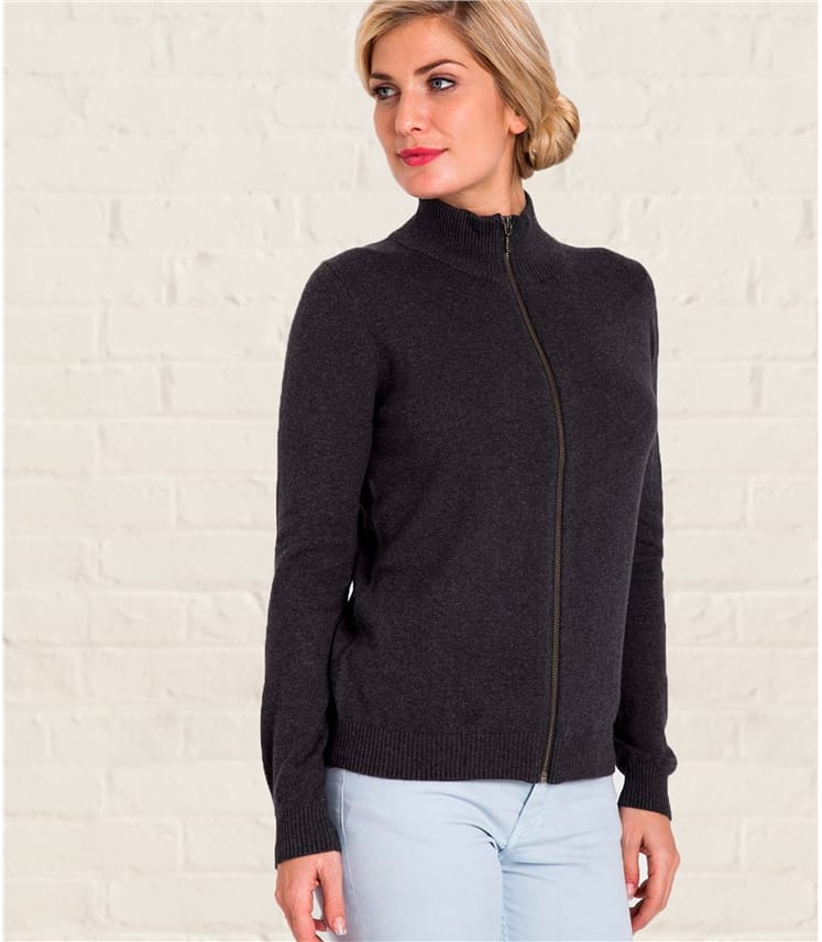 Charcoal Womens Cashmere & Cotton Zip Through Cardigan WoolOvers AU